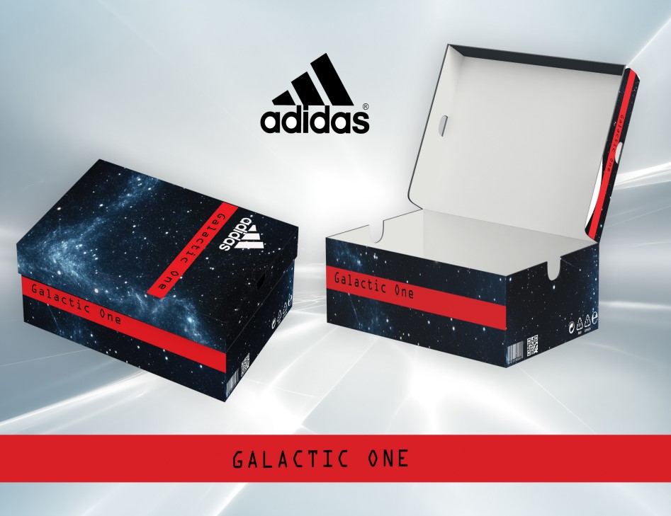 Galactic One space-themed shoebox packaging design